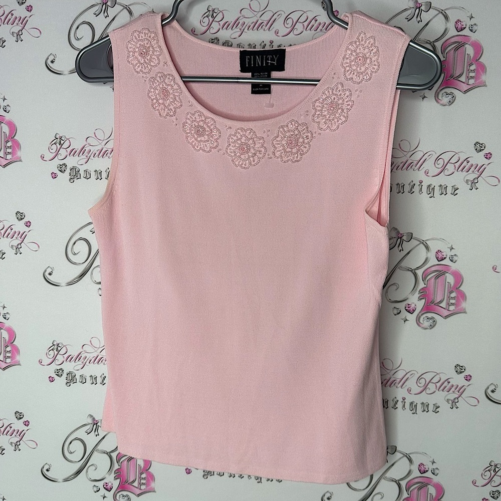 Finity tank top embroidery embroidered beads floral shimmer baby pink sparkly